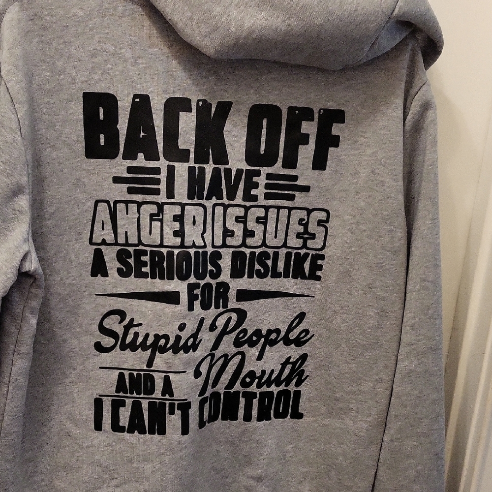 Mens Medium Gray Hoodie with Bold Black Text. Its Almost A Large. Brand New